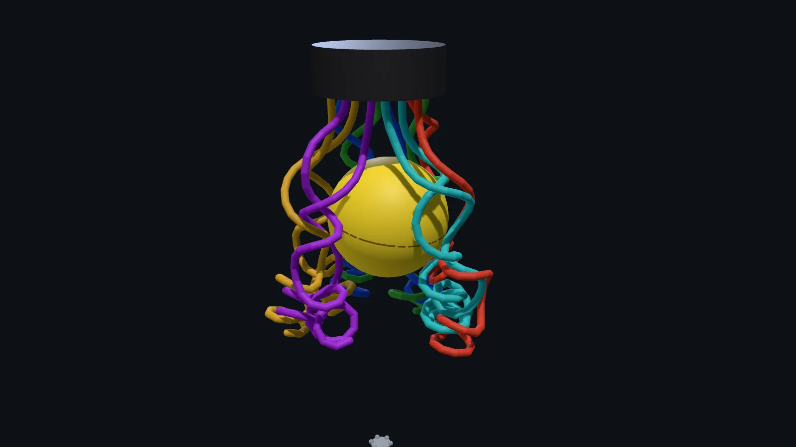 Twelve thin filaments hanging from a hub, curled and tangled around a yellow ball that they have lifted.