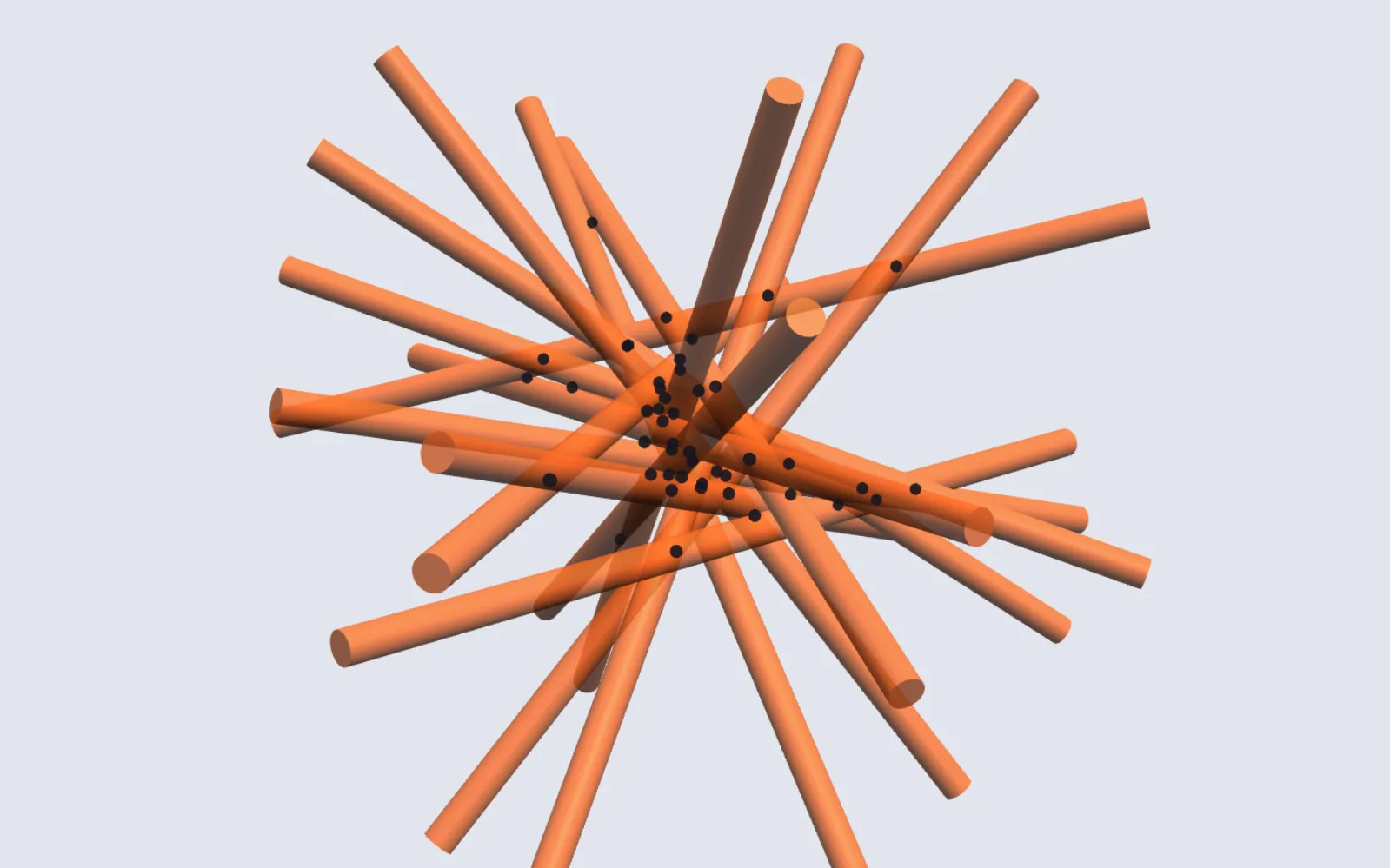 Fifteen long orange rods tangled into one bundle.