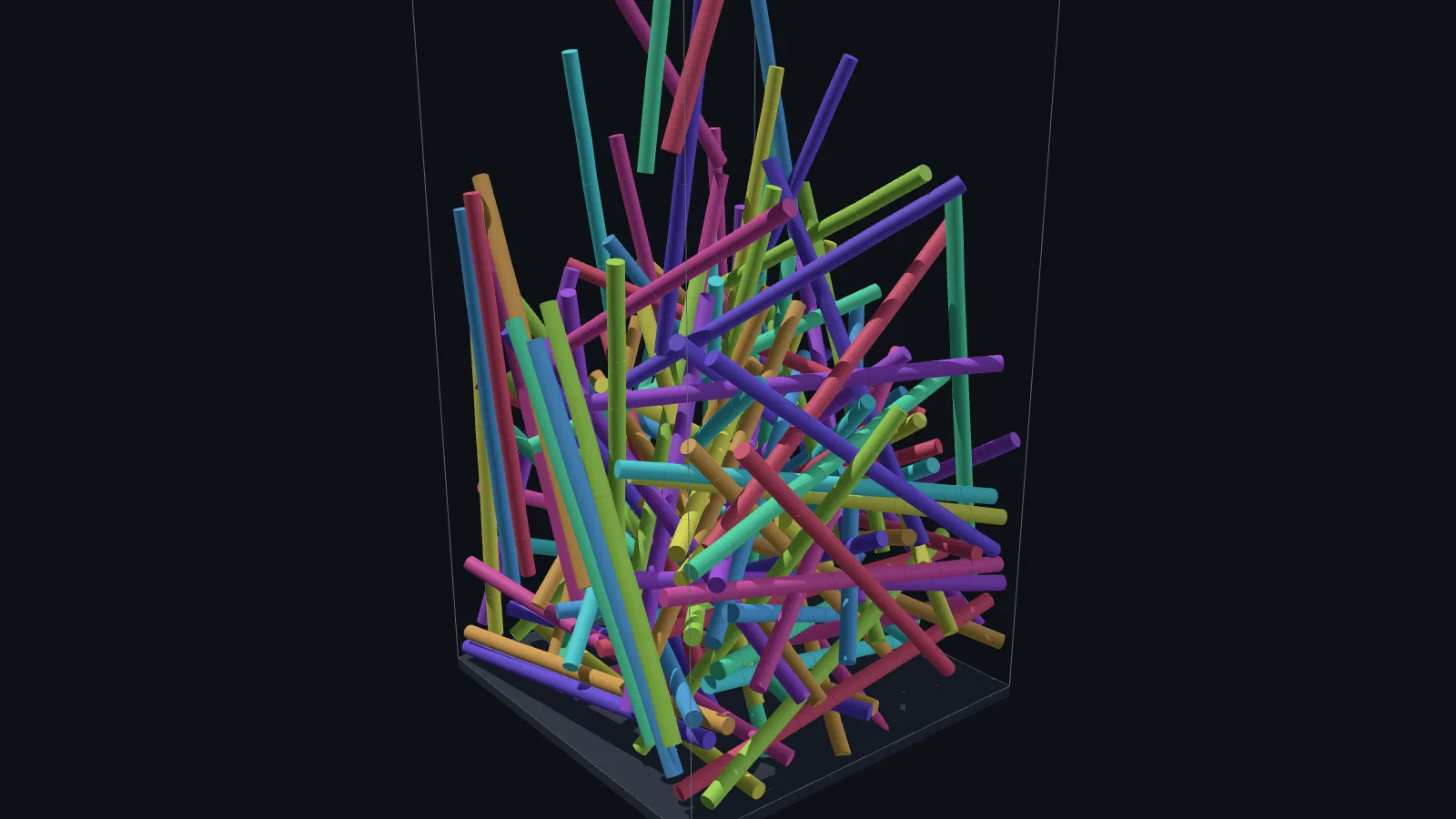 More than a hundred coloured rods piled and entangled inside a tall box drawn in outline.