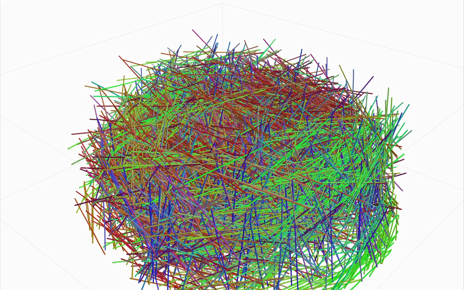 Thousands of thin rods, coloured by direction, filling a squat cylindrical volume.