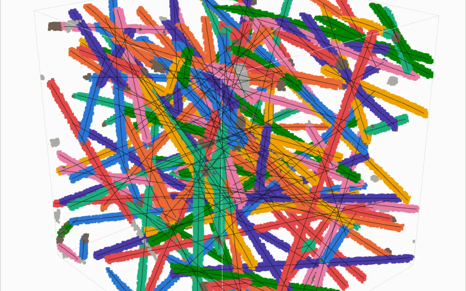 A block of voxels in which every rod has been given its own colour and a traced centreline.
