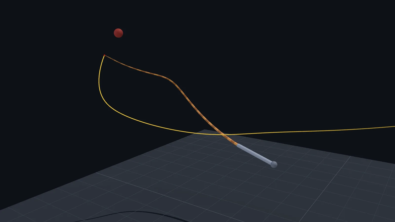 A simulated 3 m whip in mid-crack: the tip, trailing a bright path, closes on a small red target.
